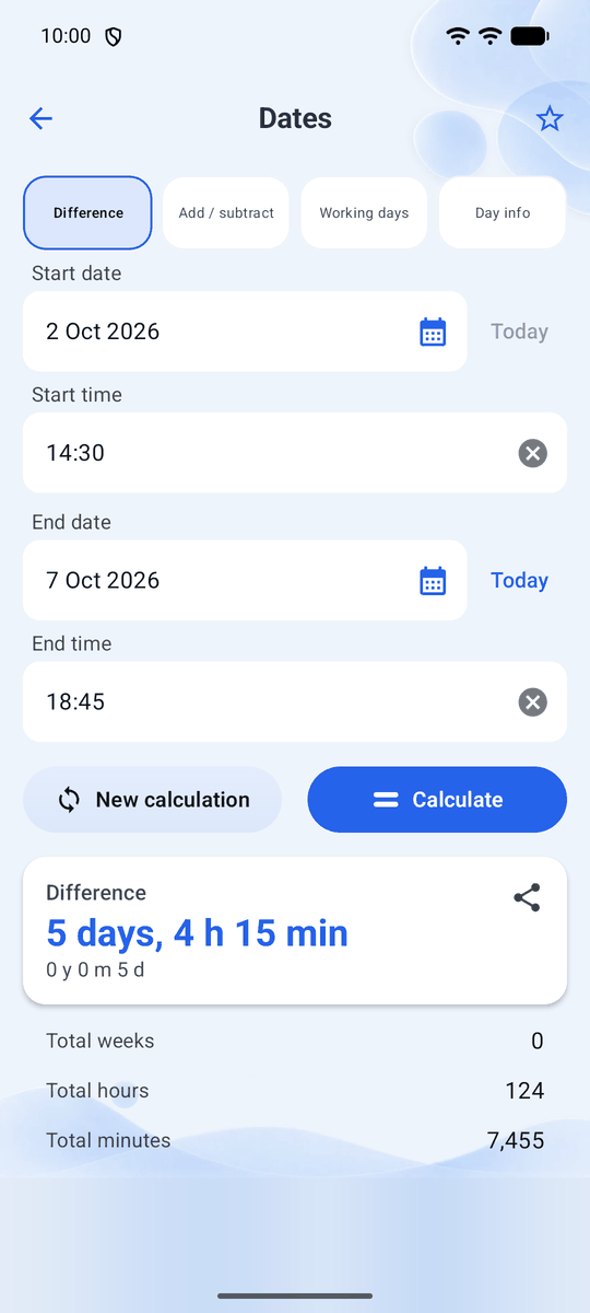 Screenshot of the Calqira app: Date calculations