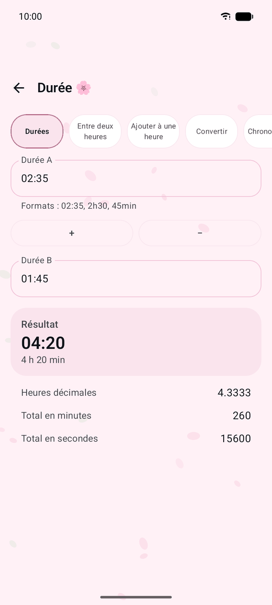 Capture d’écran de l’application Calqira : Calculs de durée