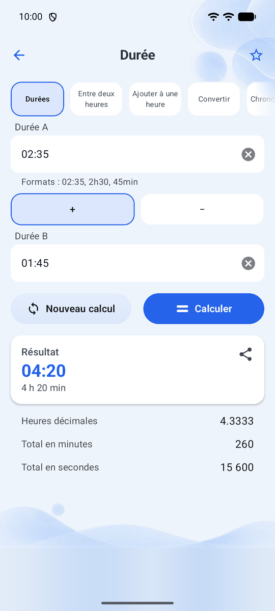 Capture d’écran de l’application Calqira : Calculs de durée