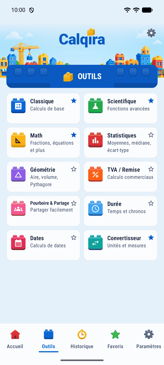 Capture d’écran de l’application Calqira : Les dix modules