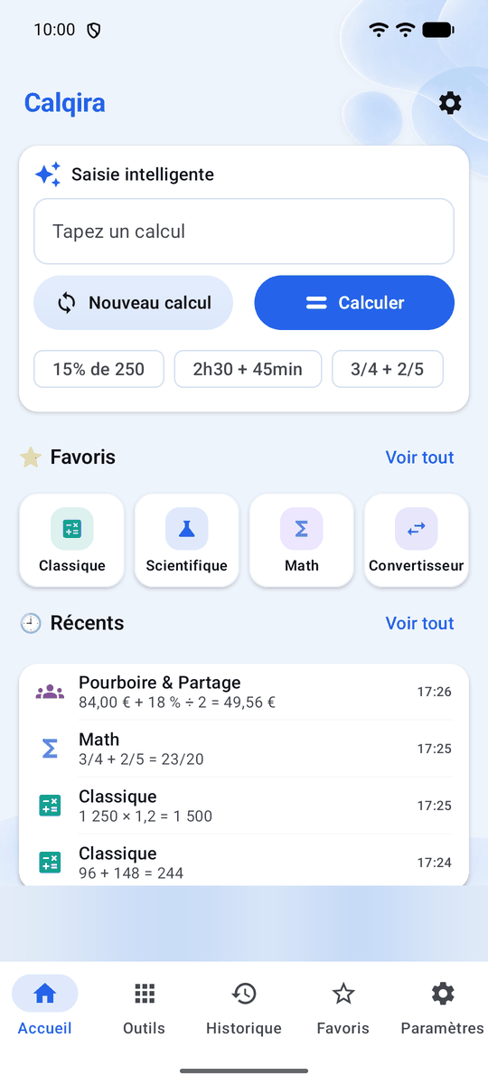 Capture d’écran de l’application Calqira : Écran d’accueil