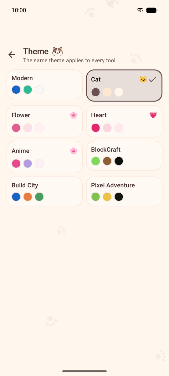 Screenshot of the Calqira app: Choosing a theme