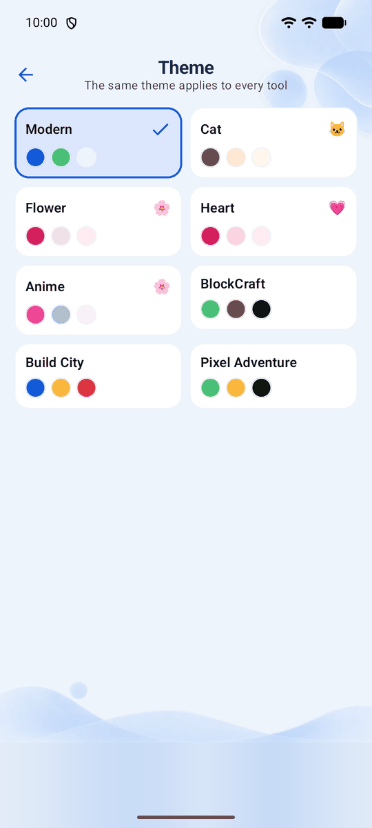 Screenshot of the Calqira app: Choosing a theme